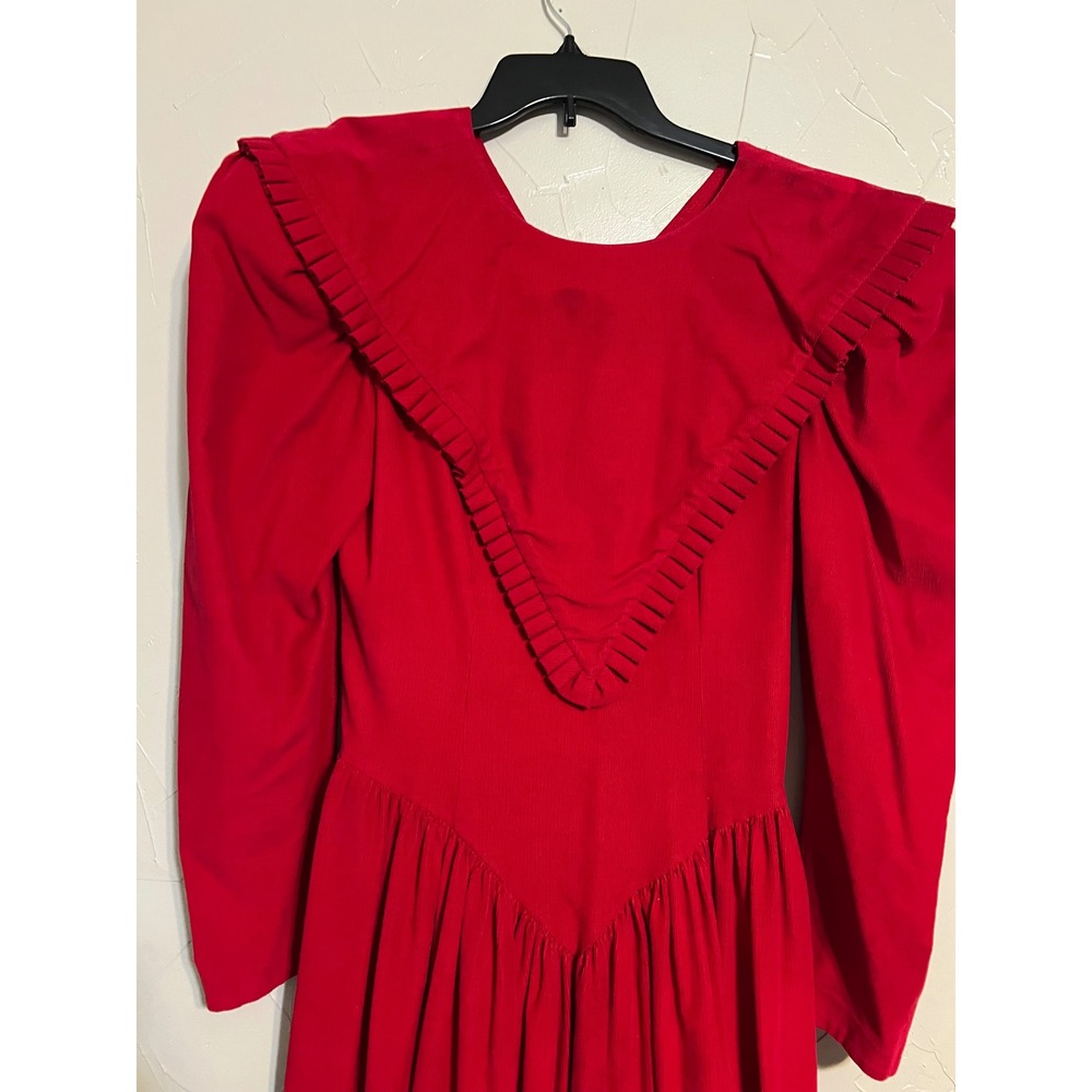 Leslie Lucks Corduroy Dress‎ Women S Red Good Vintage 80s Ruffle Basque Midi